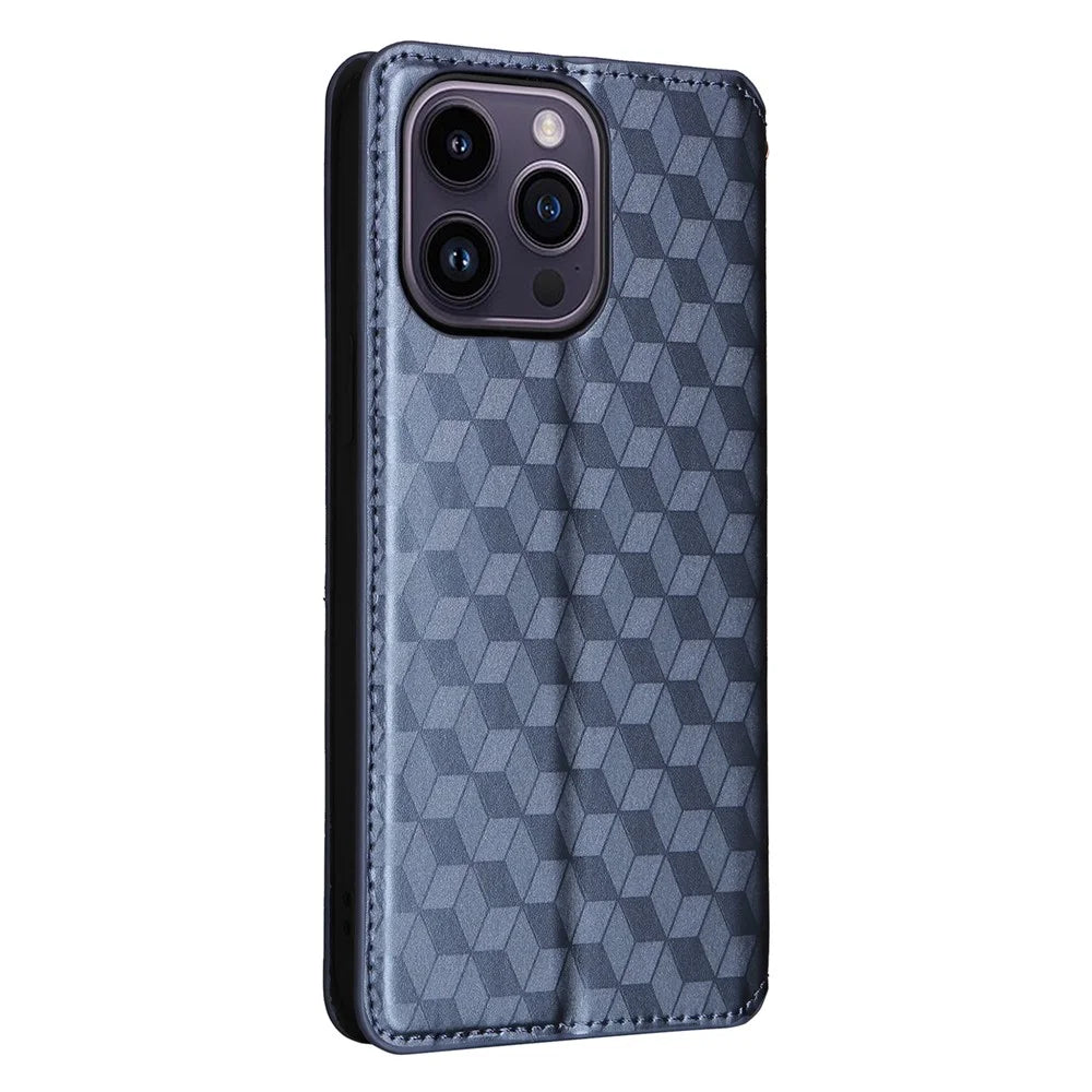 For iPhone 15 Plus Rhombus Imprinted Phone Case Anti-drop PU Leather Wallet Stand Cover - Blue - 6