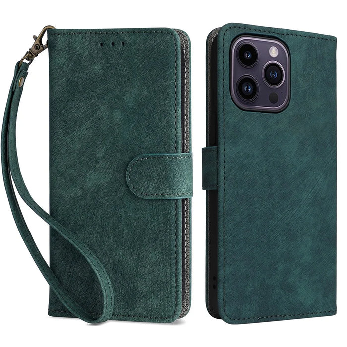 For iPhone 15 Pro Wallet Phone Case RFID Blocking PU Leather Anti-fall Stand Cover with Strap - Green - 1