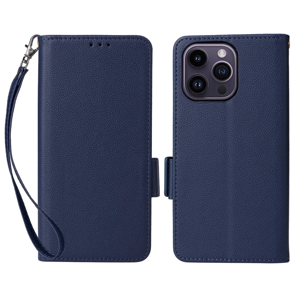 Wallet Phone Case For iPhone 15 Pro , Litchi Texture PU Leather Shell Phone Stand Cover with Strap - Dark Blue - 1
