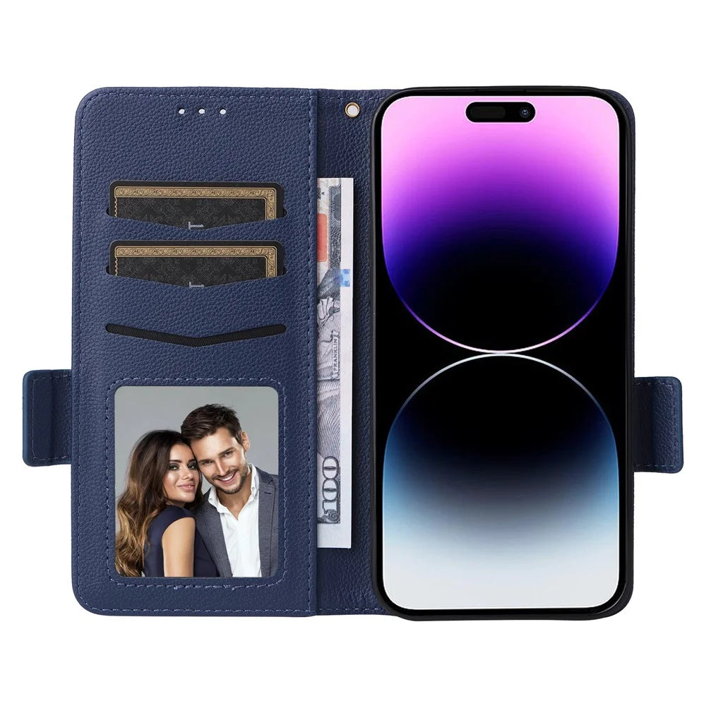 Wallet Phone Case For iPhone 15 Pro , Litchi Texture PU Leather Shell Phone Stand Cover with Strap - Dark Blue - 2