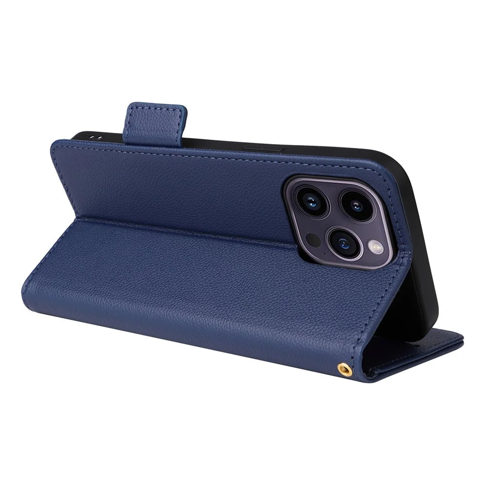 Wallet Phone Case For iPhone 15 Pro , Litchi Texture PU Leather Shell Phone Stand Cover with Strap - Dark Blue - 4