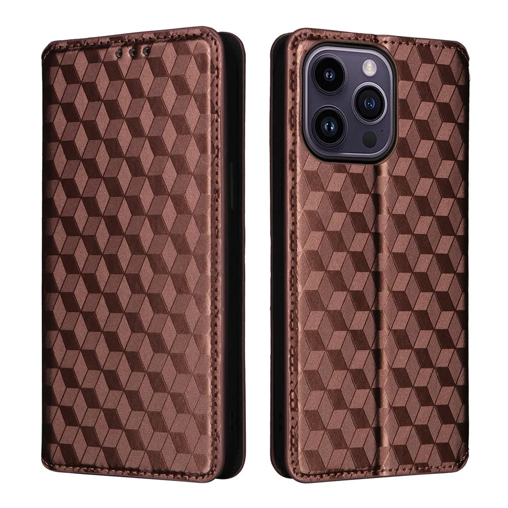Leather Wallet Case for iPhone 15 Pro Max , Rhombus Imprinted Stand Protective Phone Cover - Brown - 1