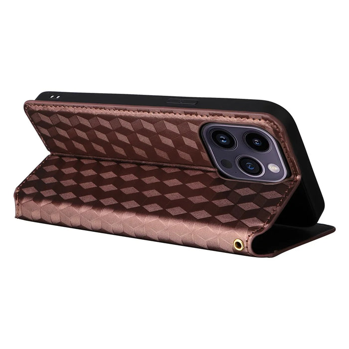 Leather Wallet Case for iPhone 15 Pro Max , Rhombus Imprinted Stand Protective Phone Cover - Brown - 4