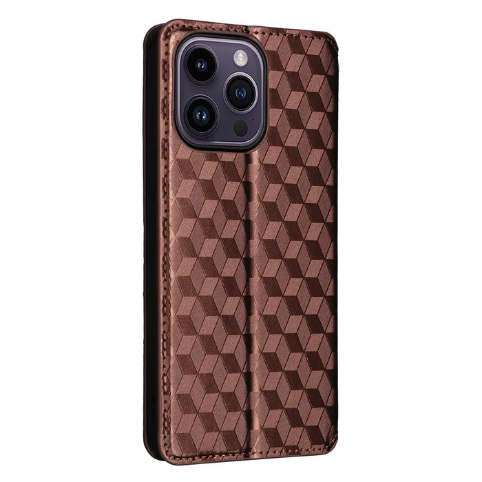 Leather Wallet Case for iPhone 15 Pro Max , Rhombus Imprinted Stand Protective Phone Cover - Brown - 6