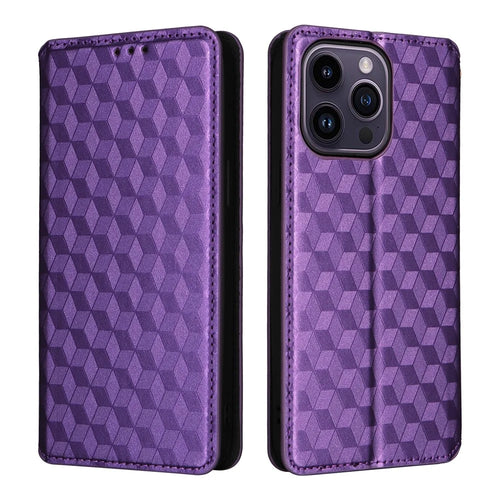 Wallet Stand Phone Case for iPhone 15 Pro , PU Leather + TPU Rhombus Imprinted Cover - Purple - 1
