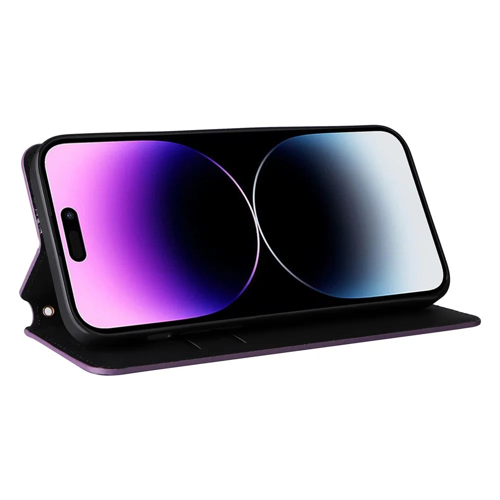Wallet Stand Phone Case for iPhone 15 Pro , PU Leather + TPU Rhombus Imprinted Cover - Purple - 3