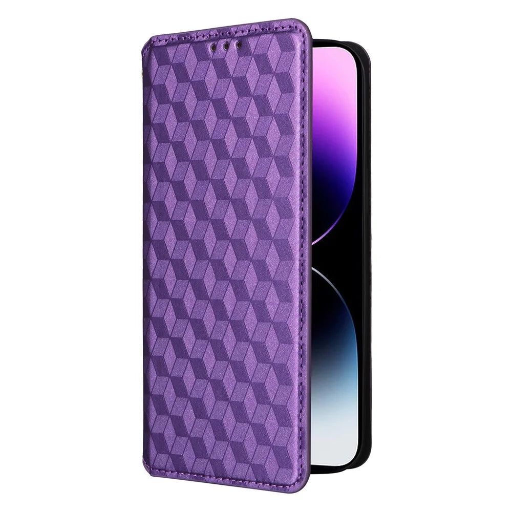 Wallet Stand Phone Case for iPhone 15 Pro , PU Leather + TPU Rhombus Imprinted Cover - Purple - 5
