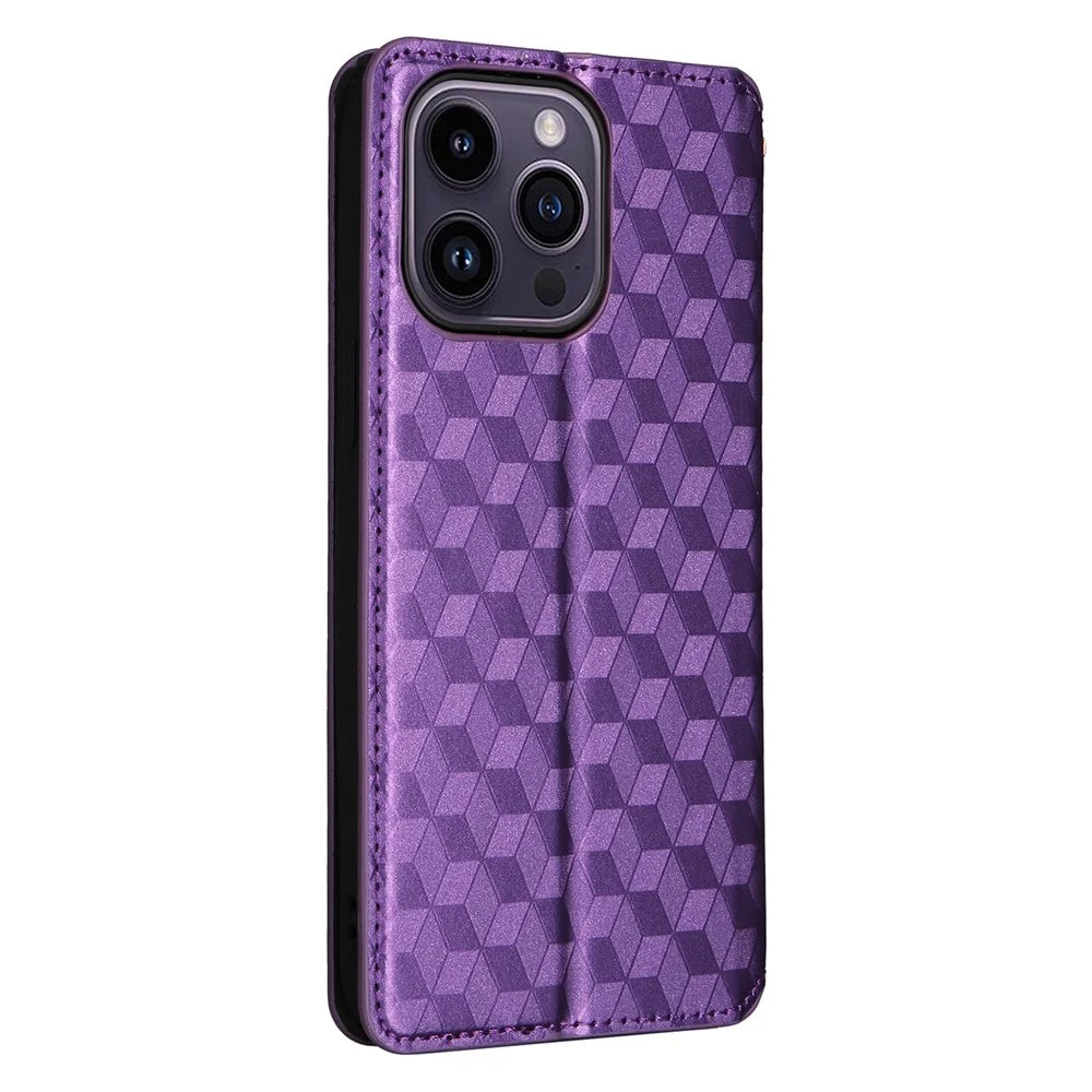 Wallet Stand Phone Case for iPhone 15 Pro , PU Leather + TPU Rhombus Imprinted Cover - Purple - 6