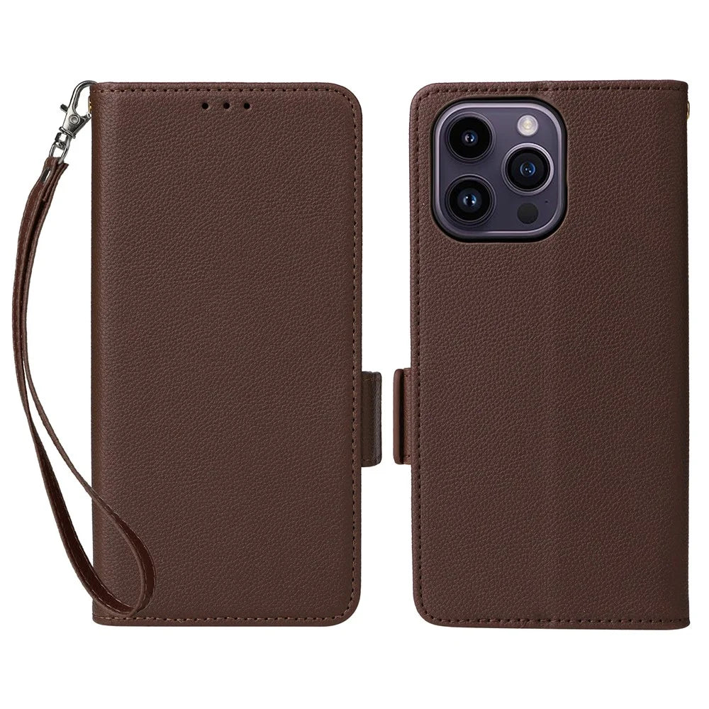 For iPhone 15 Pro Max Wallet Phone Shell Litchi Texture Slim-Fit PU Leather Stand Phone Cover with Strap - Brown - 1