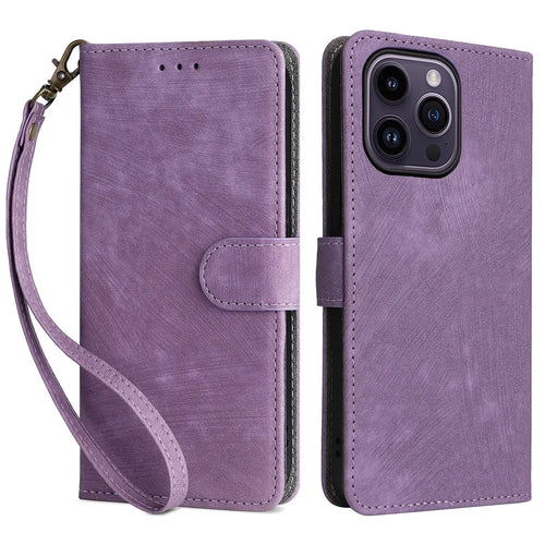 For iPhone 15 Pro Max Wallet Phone Case RFID Blocking PU Leather Anti-fall Stand Cover with Strap - Purple - 1