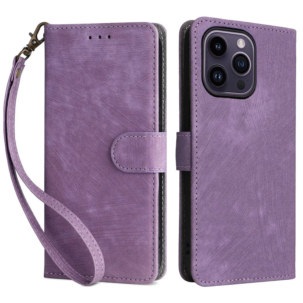 For iPhone 15 Pro Max Wallet Phone Case RFID Blocking PU Leather Anti-fall Stand Cover with Strap - Purple - 1