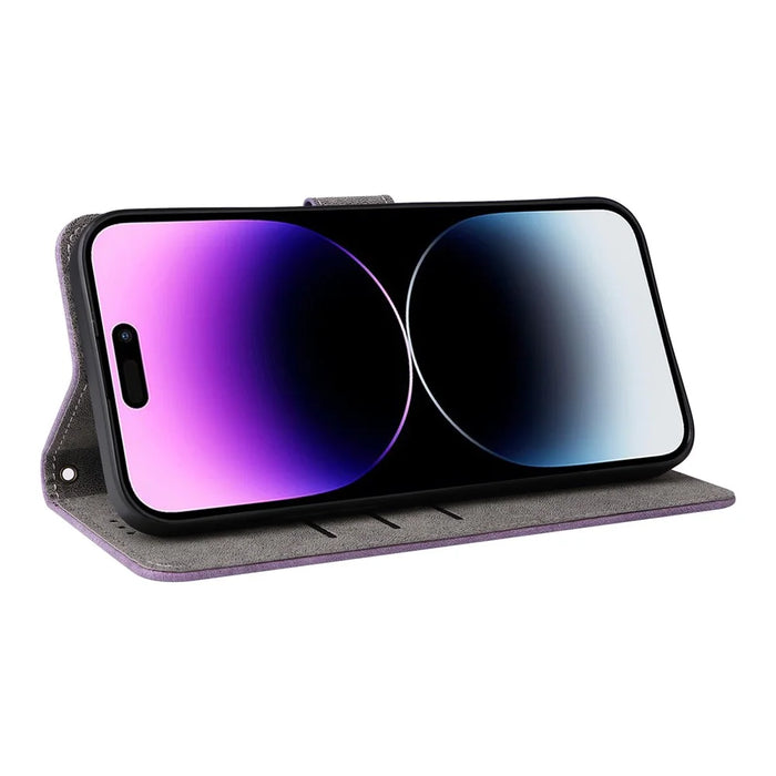 For iPhone 15 Pro Max Wallet Phone Case RFID Blocking PU Leather Anti-fall Stand Cover with Strap - Purple - 3