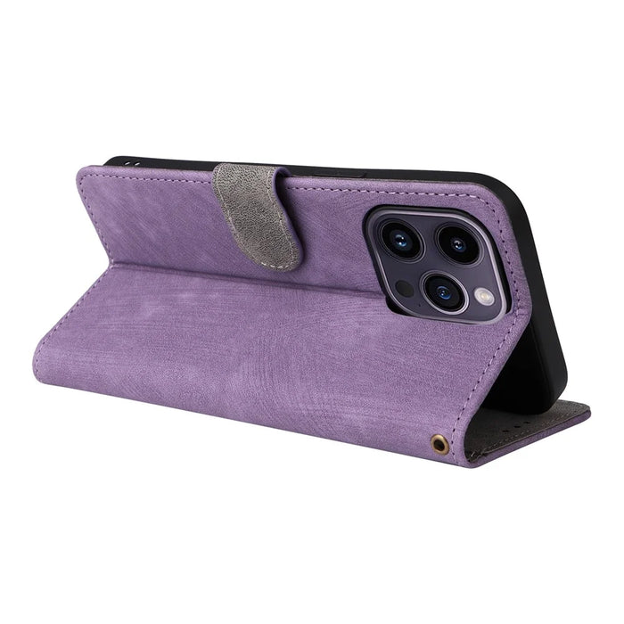 For iPhone 15 Pro Max Wallet Phone Case RFID Blocking PU Leather Anti-fall Stand Cover with Strap - Purple - 4