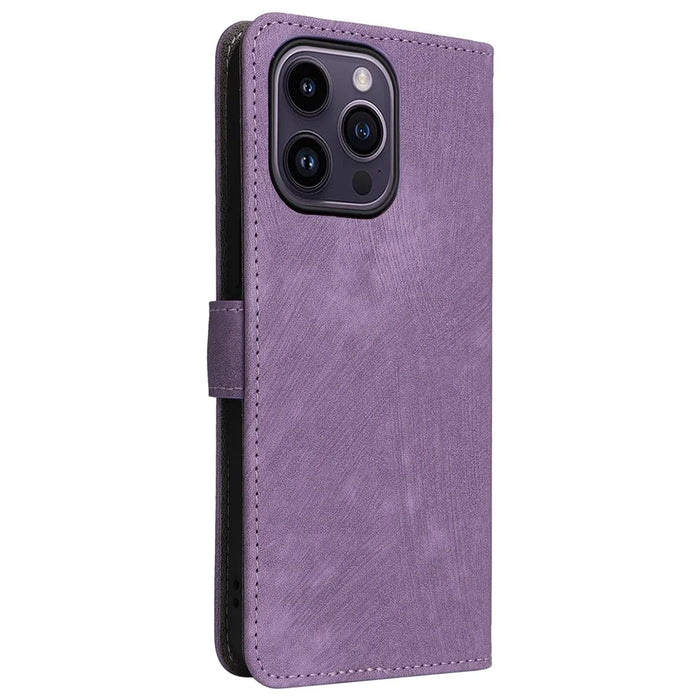 For iPhone 15 Pro Max Wallet Phone Case RFID Blocking PU Leather Anti-fall Stand Cover with Strap - Purple - 7