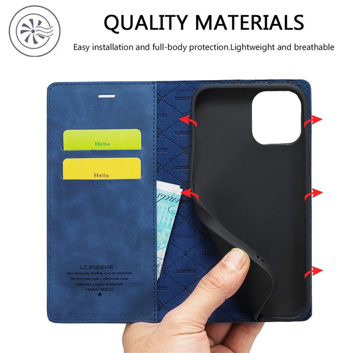 LC.IMEEKE Magnetic Phone Case for iPhone 15 , Microfiber Leather Stand Wallet Cover - Blue - 7