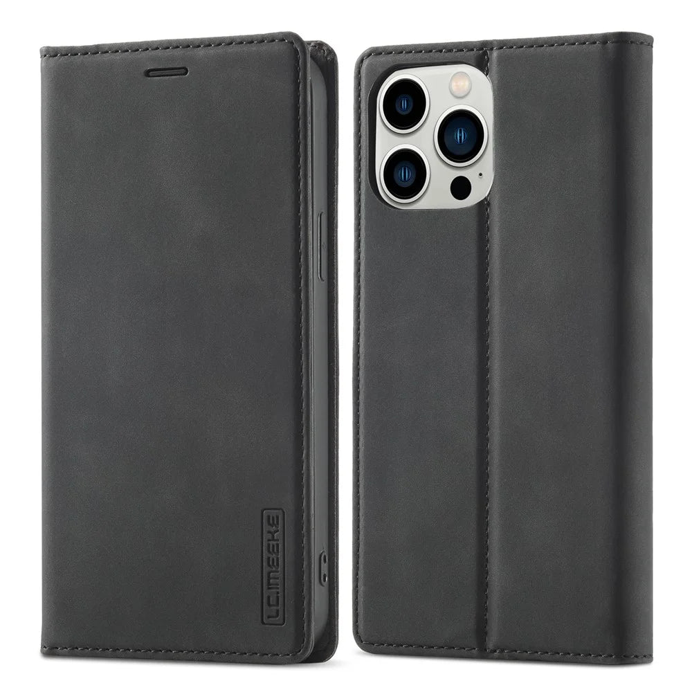 LC.IMEEKE Phone Cover for iPhone 15 Pro , Microfiber Leather Stand Wallet Magnetic Phone Case - Black - 1