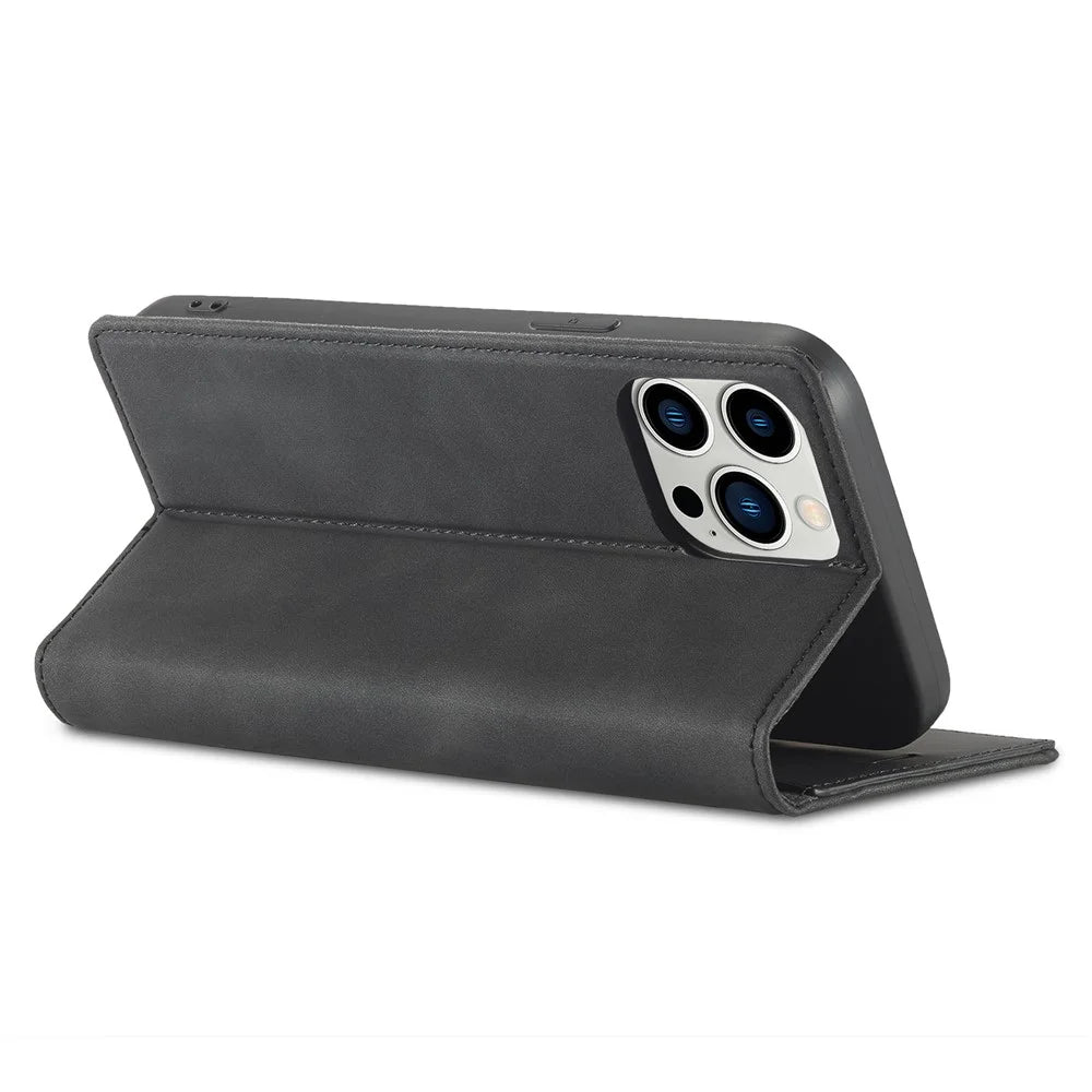 LC.IMEEKE Phone Cover for iPhone 15 Pro , Microfiber Leather Stand Wallet Magnetic Phone Case - Black - 4
