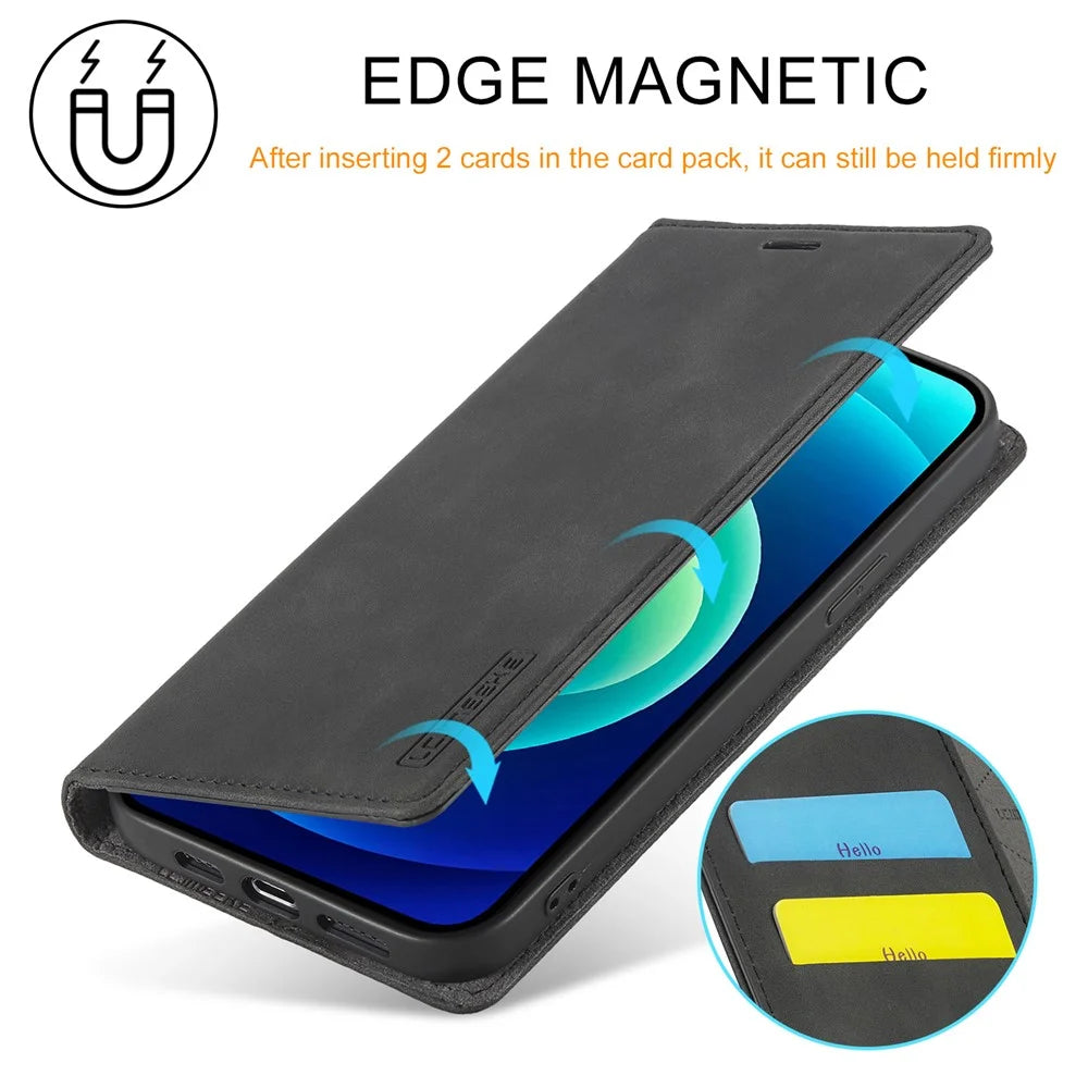 LC.IMEEKE Phone Cover for iPhone 15 Pro , Microfiber Leather Stand Wallet Magnetic Phone Case - Black - 5