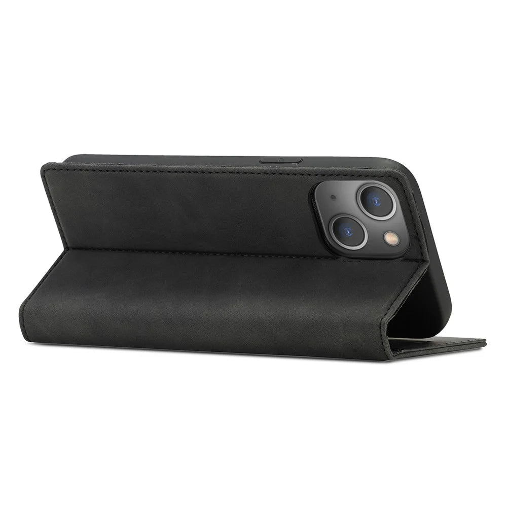 LC.IMEEKE Cell Phone Case for iPhone 15 Plus , Stand Wallet Magnetic Closure Microfiber Leather Phone Cover - Black - 4