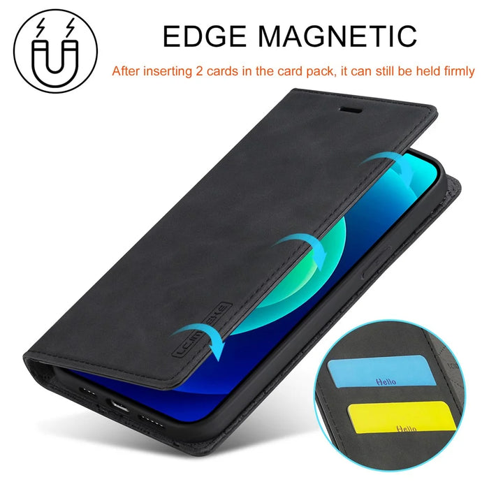 LC.IMEEKE Cell Phone Case for iPhone 15 Plus , Stand Wallet Magnetic Closure Microfiber Leather Phone Cover - Black - 5