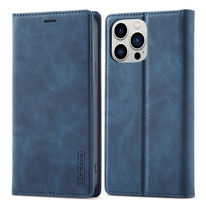 LC.IMEEKE Phone Case for iPhone 15 Pro Max , Magnetic Closure Shell Microfiber Leather Stand Wallet Cover - Blue - 1