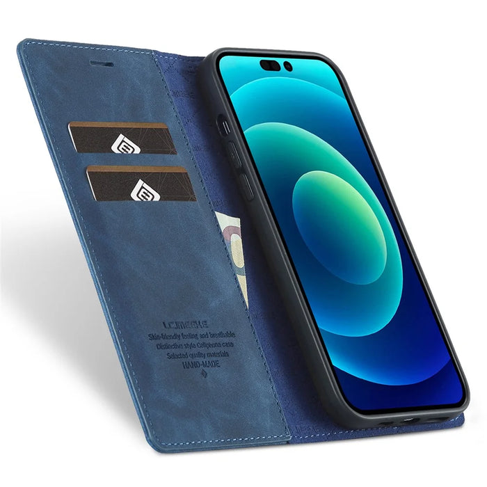 LC.IMEEKE Phone Case for iPhone 15 Pro Max , Magnetic Closure Shell Microfiber Leather Stand Wallet Cover - Blue - 2