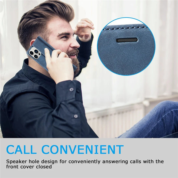 LC.IMEEKE Phone Case for iPhone 15 Pro Max , Magnetic Closure Shell Microfiber Leather Stand Wallet Cover - Blue - 5