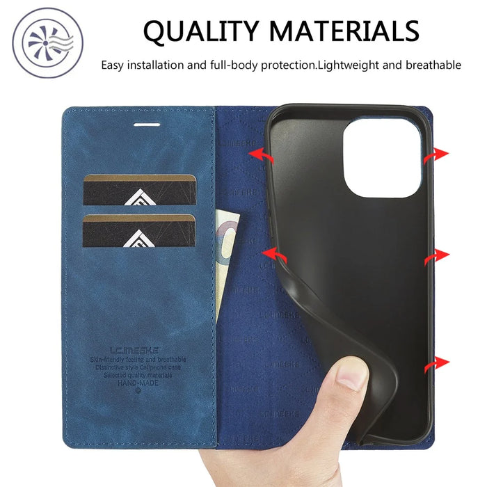 LC.IMEEKE Phone Case for iPhone 15 Pro Max , Magnetic Closure Shell Microfiber Leather Stand Wallet Cover - Blue - 6