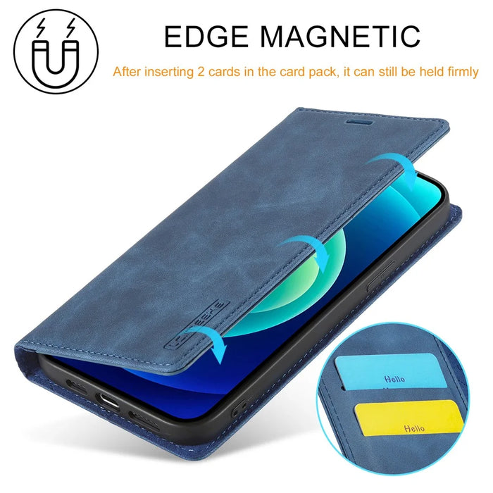 LC.IMEEKE Phone Case for iPhone 15 Pro Max , Magnetic Closure Shell Microfiber Leather Stand Wallet Cover - Blue - 7