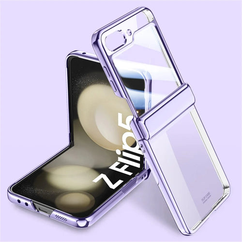 For Samsung Galaxy Z Flip5 5G Hinge Protection Clear Case Hard PC Electroplating Phone Cover with Tempered Glass Rear Screen Protector - Purple - 1
