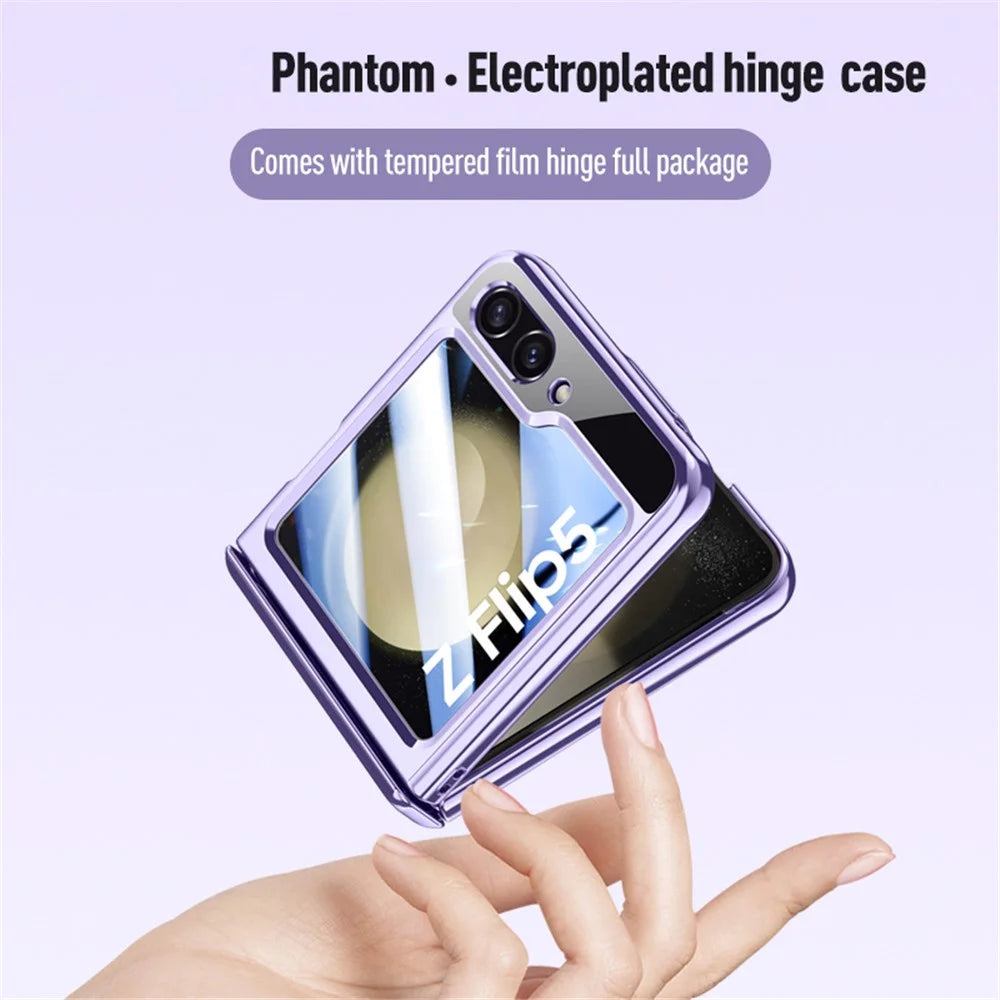 For Samsung Galaxy Z Flip5 5G Hinge Protection Clear Case Hard PC Electroplating Phone Cover with Tempered Glass Rear Screen Protector - Purple - 2