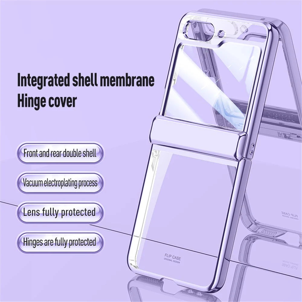 For Samsung Galaxy Z Flip5 5G Hinge Protection Clear Case Hard PC Electroplating Phone Cover with Tempered Glass Rear Screen Protector - Purple - 3