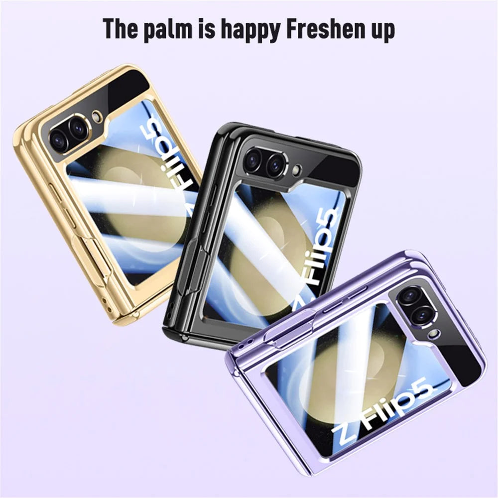 For Samsung Galaxy Z Flip5 5G Hinge Protection Clear Case Hard PC Electroplating Phone Cover with Tempered Glass Rear Screen Protector - Purple - 4