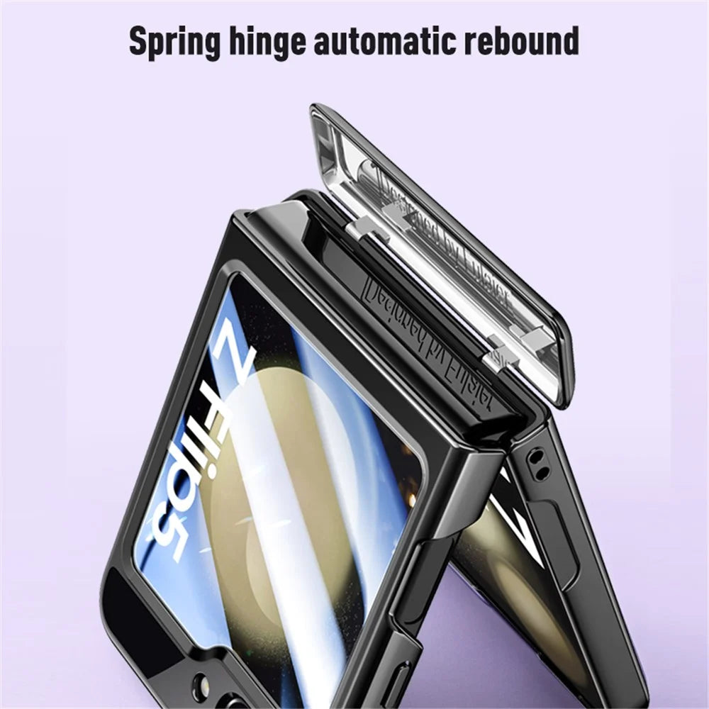 For Samsung Galaxy Z Flip5 5G Hinge Protection Clear Case Hard PC Electroplating Phone Cover with Tempered Glass Rear Screen Protector - Purple - 5