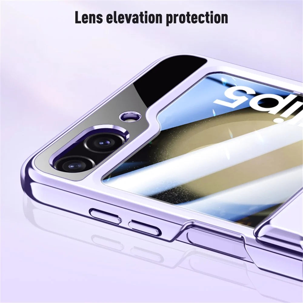For Samsung Galaxy Z Flip5 5G Hinge Protection Clear Case Hard PC Electroplating Phone Cover with Tempered Glass Rear Screen Protector - Purple - 7