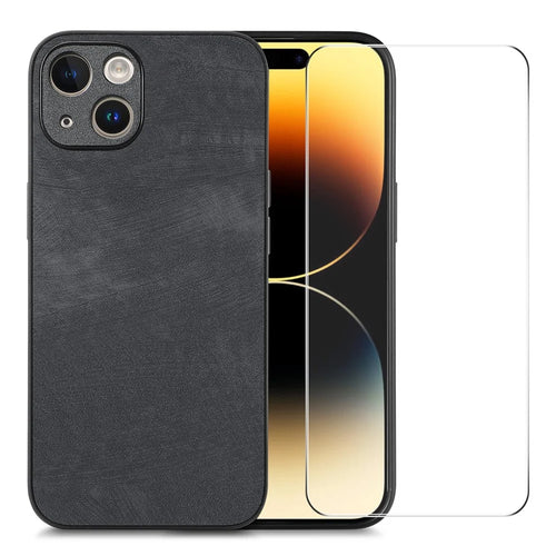ENKAY HAT PRINCE For iPhone 15 Plus Phone Case Retro Texture Leather + PC Cover with High Aluminium-silicon Glass Film - Black - 1
