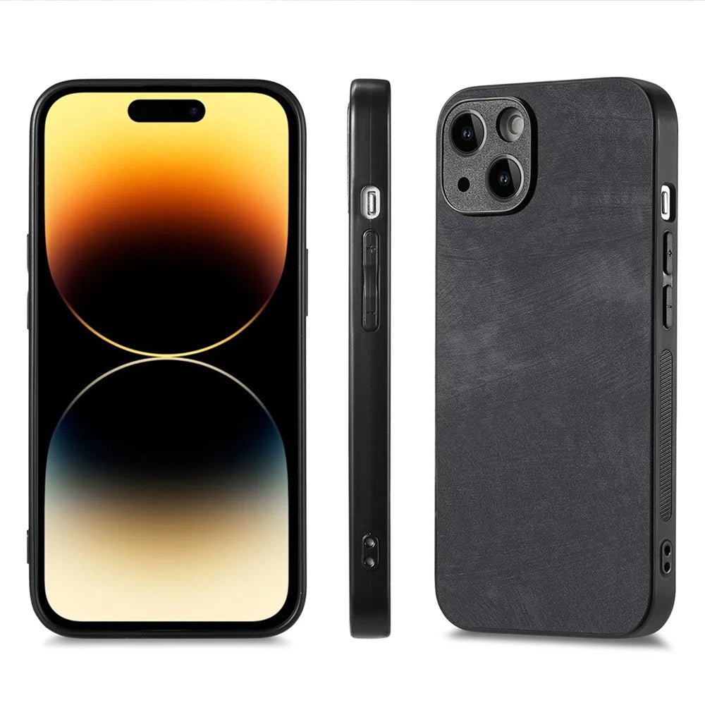 ENKAY HAT PRINCE For iPhone 15 Plus Phone Case Retro Texture Leather + PC Cover with High Aluminium-silicon Glass Film - Black - 2