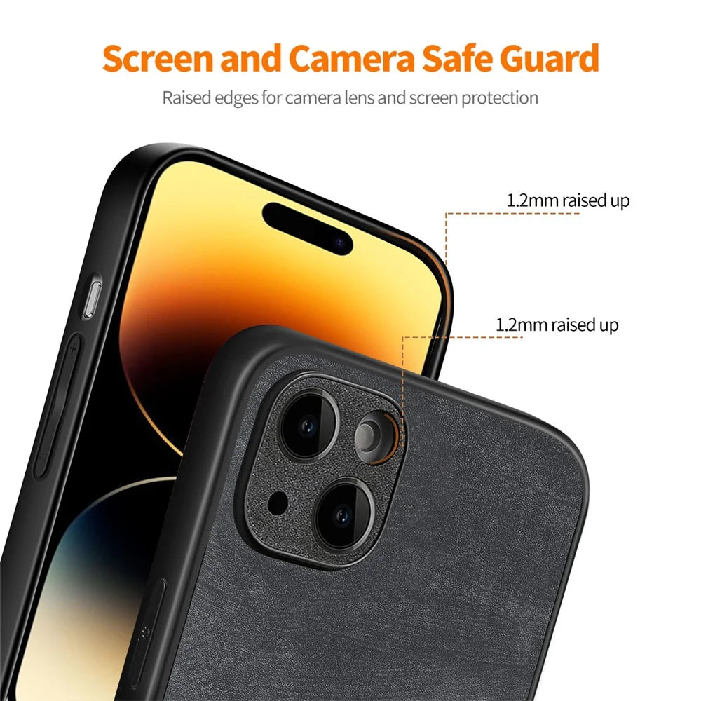 ENKAY HAT PRINCE For iPhone 15 Plus Phone Case Retro Texture Leather + PC Cover with High Aluminium-silicon Glass Film - Black - 4