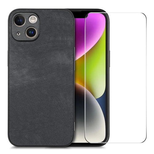 ENKAY HAT PRINCE For iPhone 14 Vintage PU Leather + PC  Phone Case with High Aluminium-silicon Glass Film - Black - 1