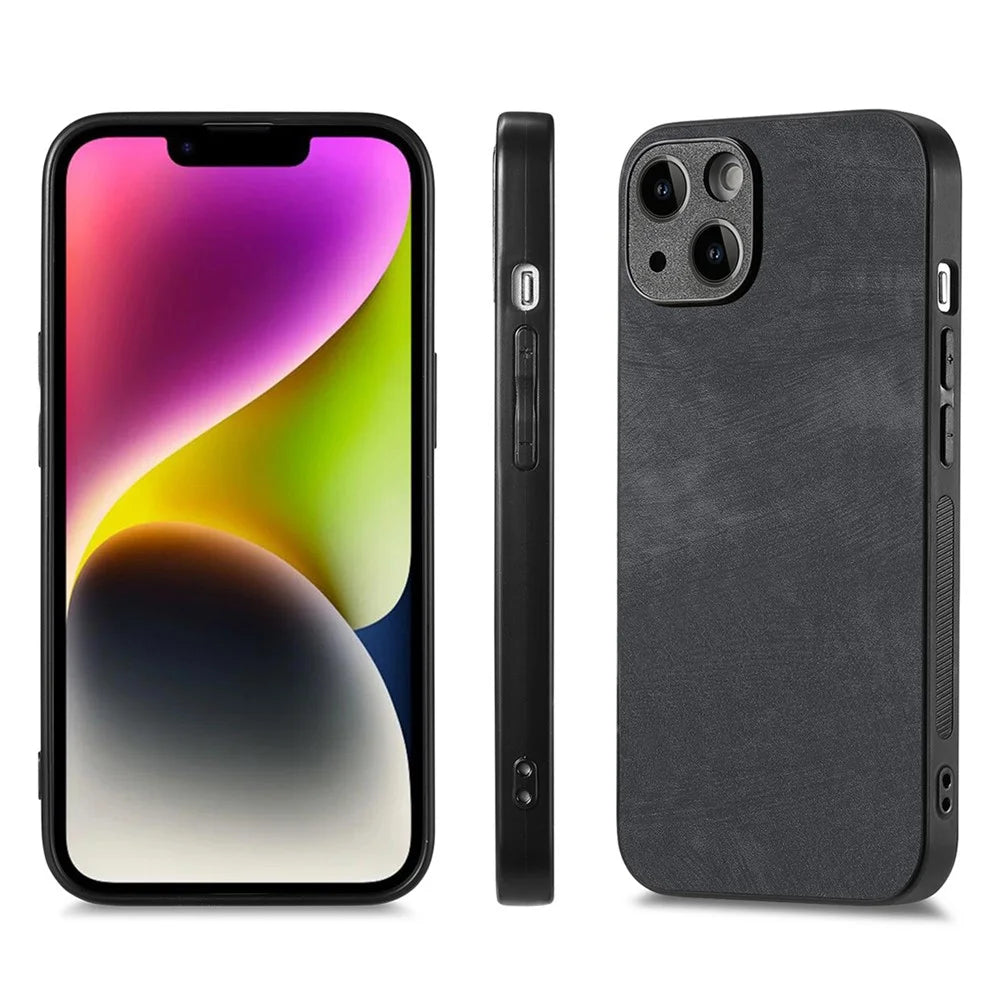 ENKAY HAT PRINCE For iPhone 14 Plus Vintage PU Leather Coated PC Phone Cover with Clear High Aluminium-silicon Glass Film - Black - 2