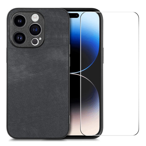 ENKAY HAT PRINCE For iPhone 14 Pro PU Leather + PC Case Retro Design Phone Cover with High Aluminium-silicon Glass Film - Black - 1