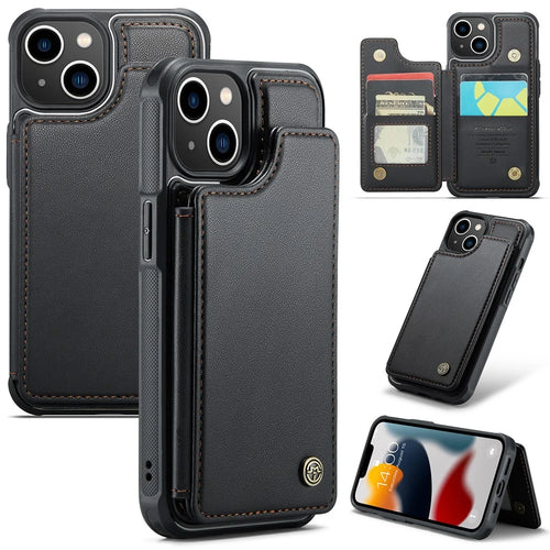 For iPhone 13 Phone Case CASEME C22 Leather Back Cover with RFID Blocking Card Slots - Black - 1