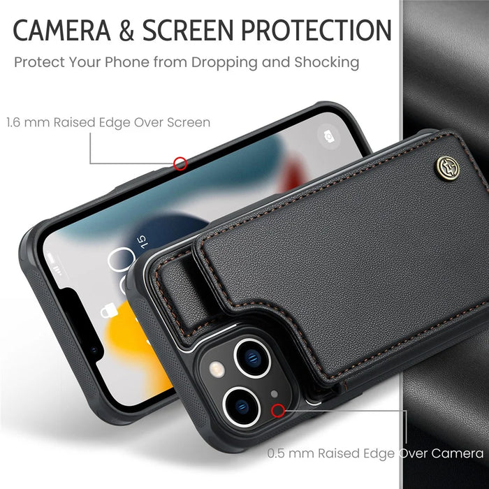 For iPhone 13 Phone Case CASEME C22 Leather Back Cover with RFID Blocking Card Slots - Black - 6