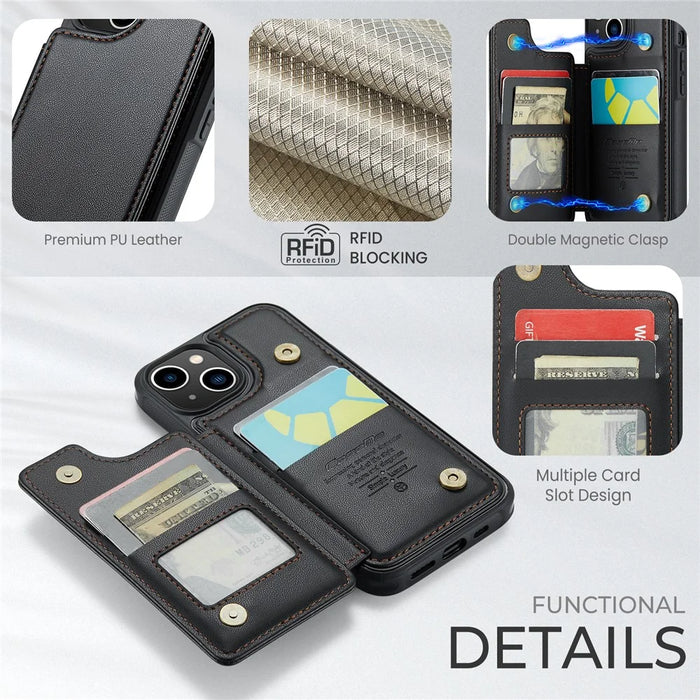 For iPhone 13 Phone Case CASEME C22 Leather Back Cover with RFID Blocking Card Slots - Black - 7