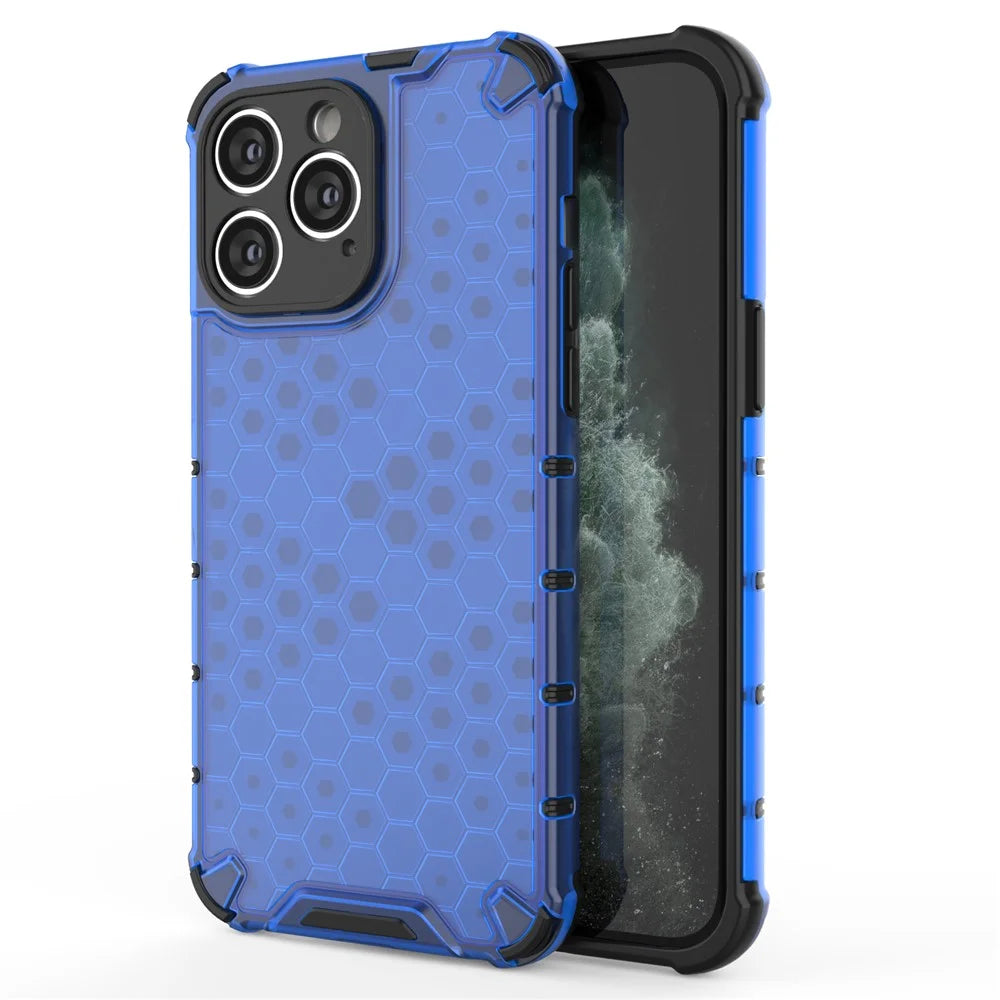 Slim-fit Cell Phone Case for iPhone 15 Pro Max , Honeycomb Texture TPU+PC Phone Shell Cover - Blue - 1