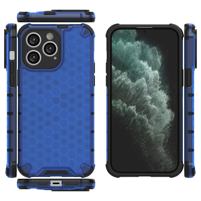 Slim-fit Cell Phone Case for iPhone 15 Pro Max , Honeycomb Texture TPU+PC Phone Shell Cover - Blue - 6