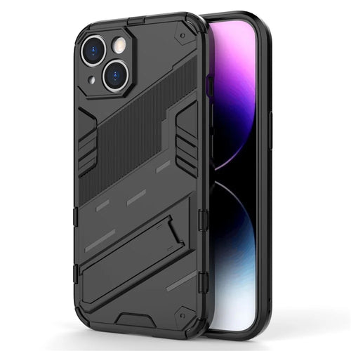 For iPhone 15 Plus Cell Phone Case PC+TPU Back Cover with Kickstand Drop Protection Shell - Black - 1