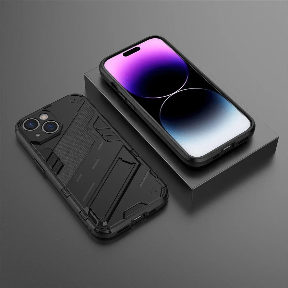For iPhone 15 Plus Cell Phone Case PC+TPU Back Cover with Kickstand Drop Protection Shell - Black - 6