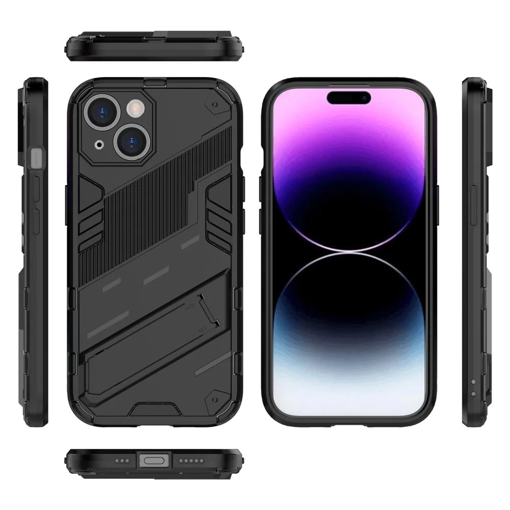 For iPhone 15 Plus Cell Phone Case PC+TPU Back Cover with Kickstand Drop Protection Shell - Black - 7