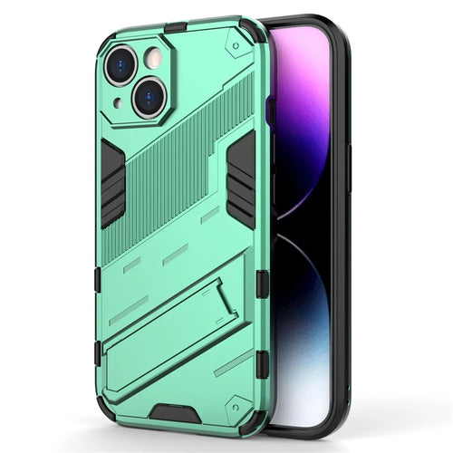 For iPhone 15 Drop Protection Phone Case PC+TPU Back Cover with Kickstand - Green - 1